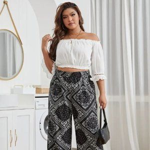 Women's Plus Size Paisley Scarf Print Wide Leg Pants, Casual Comfortable Pants